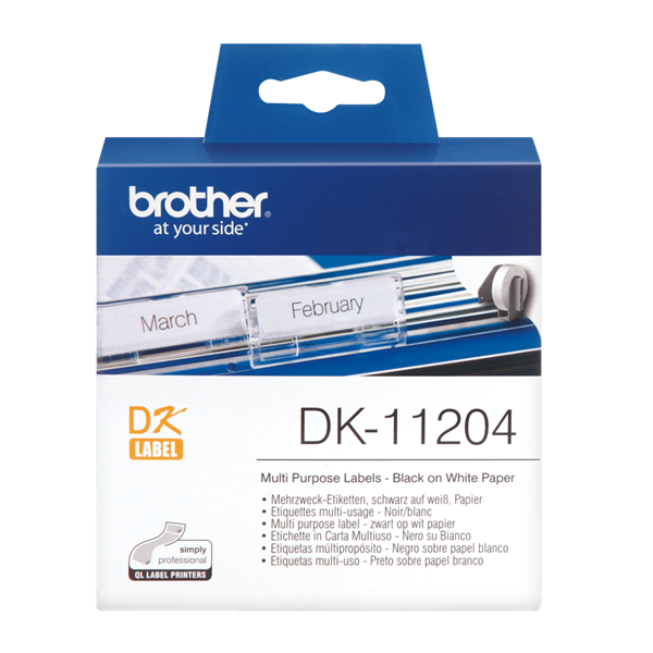 BROTHER Etikett címke DK-11204, Általános etikett címke, Elővágott (stancolt), Fehér alapon fekete, 400 db