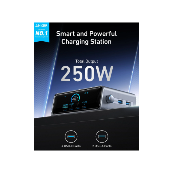 ANKER Hálózati Töltő, Prime Charger GaNPrime, 6 portos, 250W, 4xUSB-C, 2xUSB-A, EU, fekete - A2345341