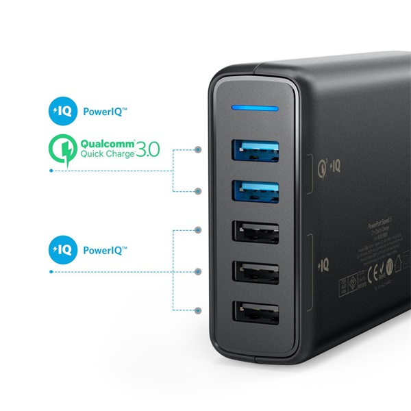 ANKER Hálózati Töltő, PowerPort 5, 5 port, 63W, USB-A Quick Charge 3.0, fekete - A2054L11