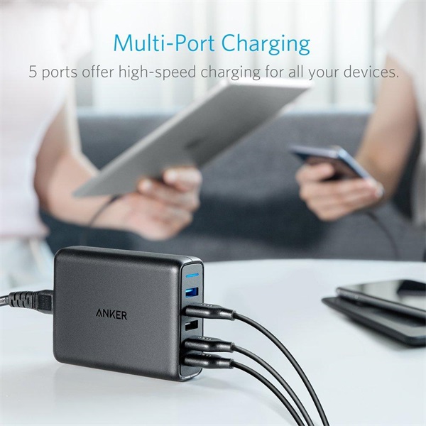 ANKER Hálózati Töltő, PowerPort 5, 5 port, 63W, USB-A Quick Charge 3.0, fekete - A2054L11