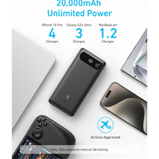 ANKER Powerbank 20000mAh, 65W, 1xUSB-C, 1xUSB-A, Beépített USB-C töltő kábel, fekete - A1383H11