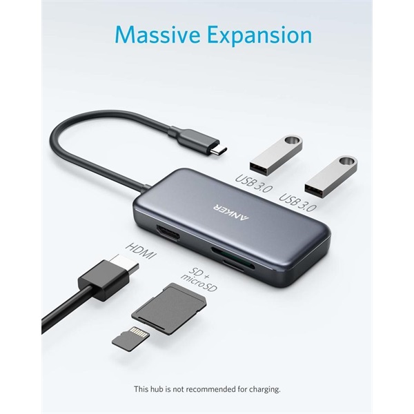 ANKER USB HUB, PowerExpend 5-in-1, USB-C Media Hub, 4K HDMI, 2xUSB3.0, SD/TF kártyaolvasóval - A8334HA1