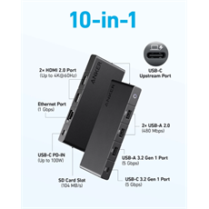 ANKER USB HUB 364 10-in-1, USB-C, Dual 4K HDMI, 2xUSB3.2, 1xLAN, 2xUSB2.0, SD kártyaolvasóval - A83A2G11