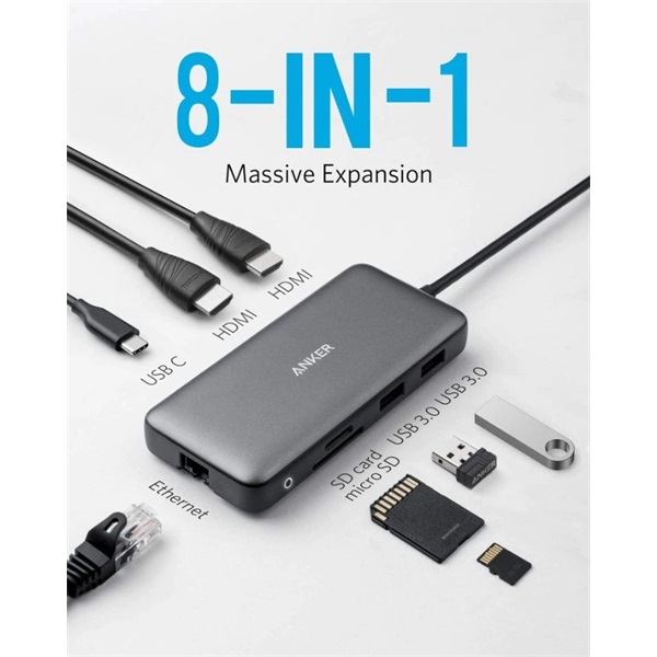 ANKER USB HUB, PowerExpend 8-in-1, USB-C Media Hub, 2xHDMI, 2xUSB3.0, Ethernet, SD/microSD kártyaolvasóval - A83800A2