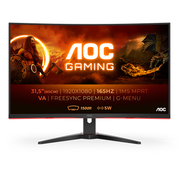 AOC Ívelt Gaming 165Hz VA monitor 31.5" C32G2AE/BK, 1920x1080, 16:9, 250cd/m2, 1ms, 2xHDMI/DisplayPort/VGA, hangszóró