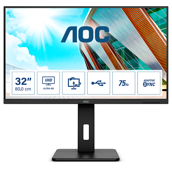 AOC VA monitor 31.5" U32P2, 3840x2160, 16:9, 350cd/m2, 4ms, 2xHDMI/DisplayPort/4xUSB, Pivot, hangszóró