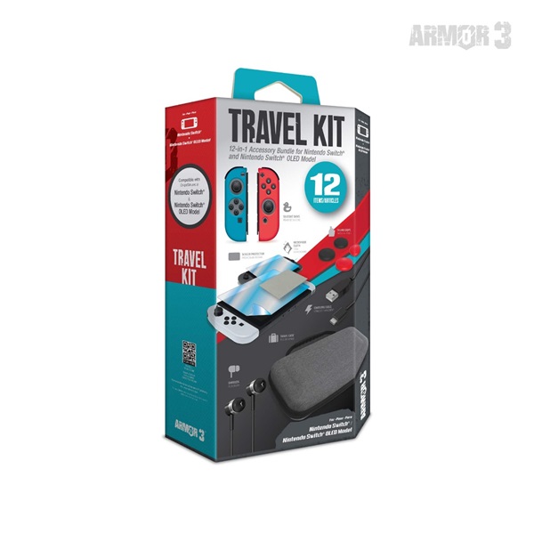 ARMOR3 Nintendo Switch/OLED Travel csomag (Üvegfólia + Thumb Grips + Füllhallgató + Tok + Töltő kábel)