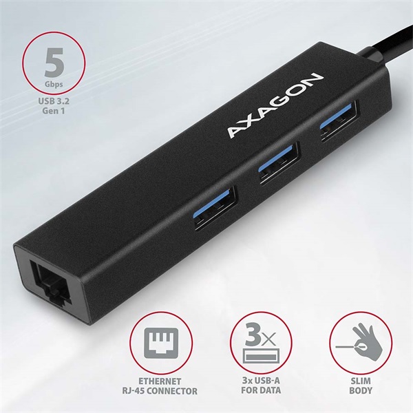 AXAGON HMA-GL3A 3 portos USB 3.2 HUB LAN csatlakozóval, fekete