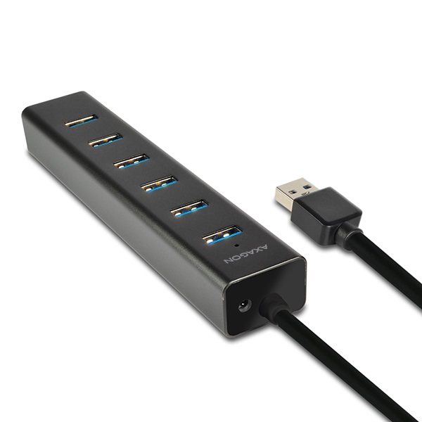 AXAGON HUE-SA7BP USB3.0 CHARGING HUB (Hétportos USB 3.0 hub gyors töltési támogatással. AC adapter a csomagban. Fekete)