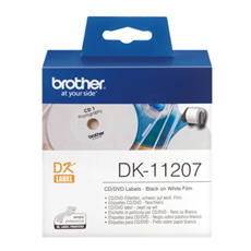 BROTHER Etikett címke DK-11207, CD/DVD címke 58mm, Elővágott (stancolt), Filmrétegű címke, Fehér alapon fekete, 100 db