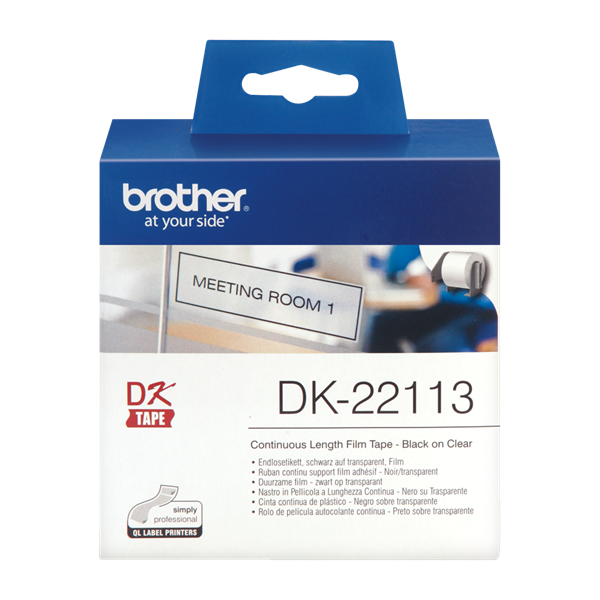 BROTHER Etikett címke DK-22113, Átlátszó alapon fekete, folytonos, filmrétegű szalag 62mm, 62mm x 15.24M
