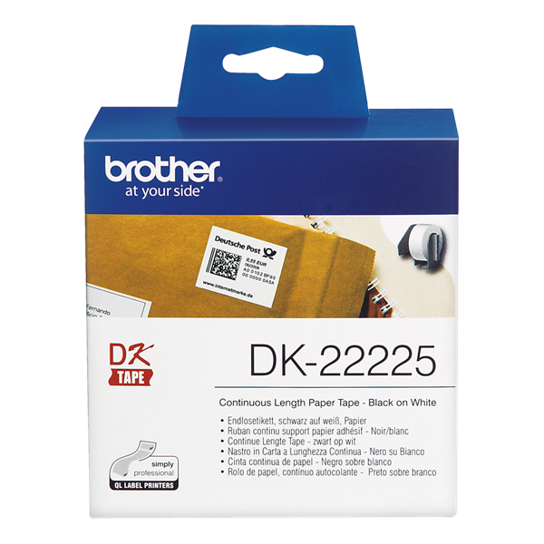 BROTHER Etikett címke DK22225, Fehér alapon fekete papírszalag tekercsben 38mm, 38mm x 30.48M