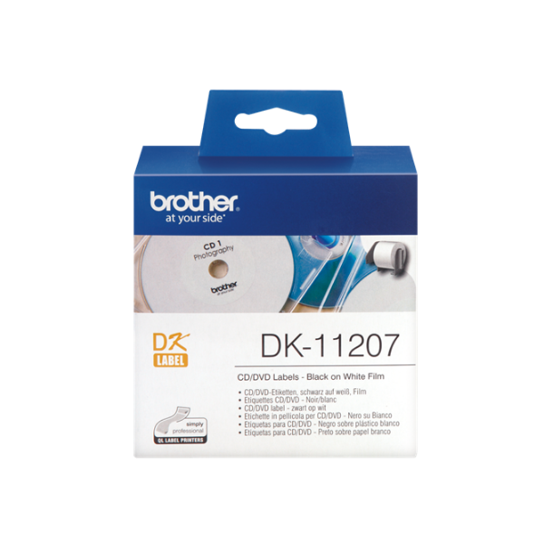 BROTHER Etikett címke DK-11207, CD/DVD címke 58mm, Elővágott (stancolt), Filmrétegű címke, Fehér alapon fekete, 100 db