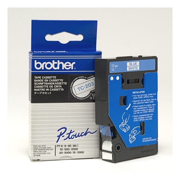 Brother szalag TC203 P-Touch, 12mm fehér alapon kék