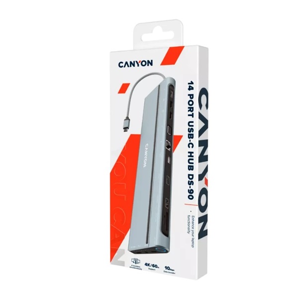 CANYON HUB 14-in-1, USB-C, 1xUSB3.0, 1xUSB2.0, 1xUSB-A 3.2, 1xUSB-C 3.2, 1xHDMI, VGA, Ethernet, Audio,szürke - CNS-HDS90