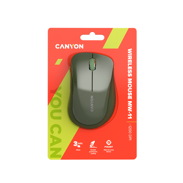 CANYON Vezeték Nélküli Egér, Optikai, 3 gombos, 1200dpi, 2db elemmel, khaki - CNE-CMSW11SM