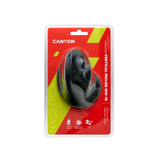 CANYON Vezeték Nélküli Egér, Vertikális, Optikai, Pixart Sensor, 6 gombos, 1600dpi, 1db elemmel, fekete - CNS-CMSW16B