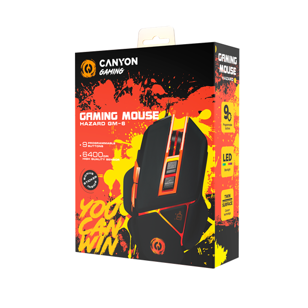 CANYON Vezetékes Egér Gaming, Hazard, Optikai, 9 programozható gomb, LED világítás, 6400dpi - CND-SGM6N