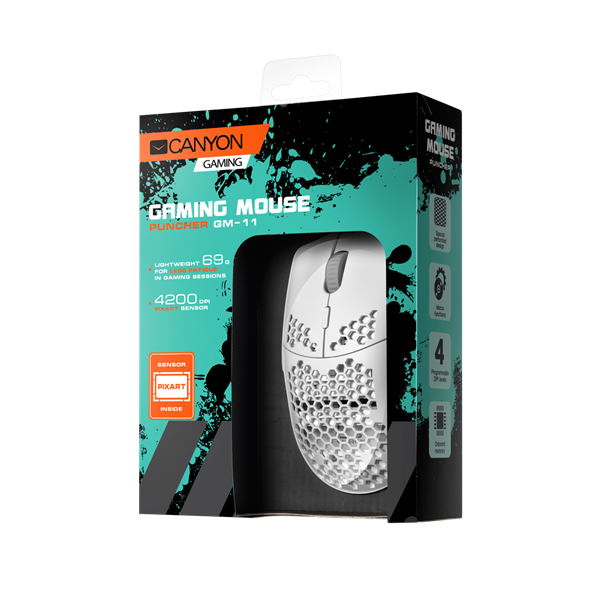 CANYON Vezetékes Egér Gaming, Puncher, Optikai, 7 programozható gomb, RGB világítás, 4200dpi, fehér - CND-SGM11W