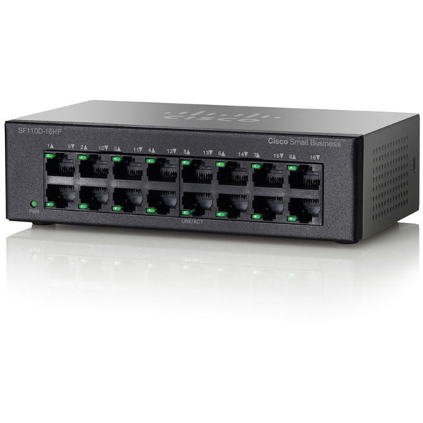 CISCO Switch 16x100Mbps (8xPOE), Asztali - SF110D-16HP-EU