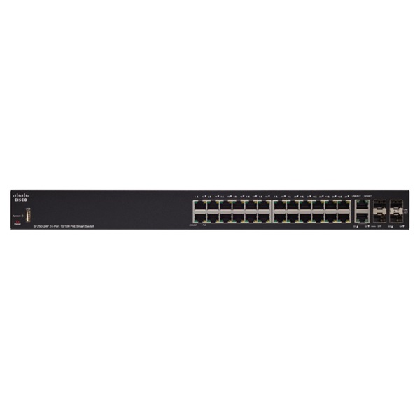 CISCO Switch 24x100Mbps (POE+) + 2x1000Mbps SFP Kombó + 2x1000Mbps SFP, Fémházas, Rackes, Menedzselhető-SF250-24P-K9-EU