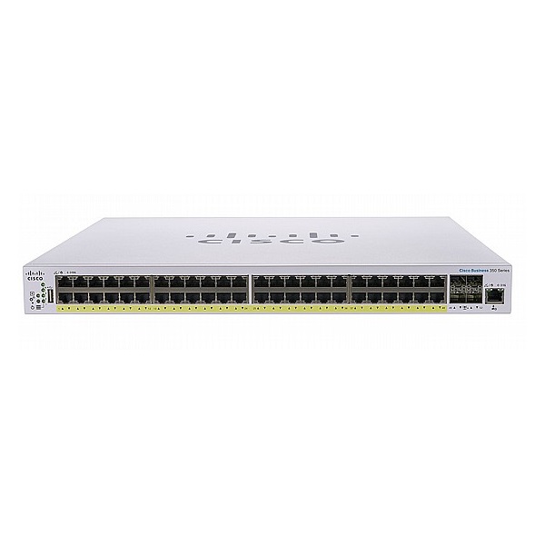 CISCO Switch 48x1000Mbps (POE+) + 4x1000Mbps SFP, Fémházas, Rackes, Menedzselhető - CBS350-48FP-4G-EU