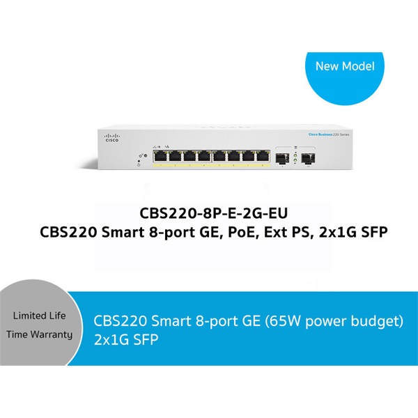 CISCO Switch 8x1000Mbps (POE) + 2x1000Mbps SFP, Menedzselhető, Fémházas, Rackes - CBS220-8P-E-2G-EU