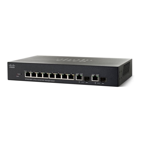 CISCO Switch 8x100Mbps + 2xGigabit kombó SFP, Fémházas Menedzselhető, Rackes, SF352-08-K9-EU