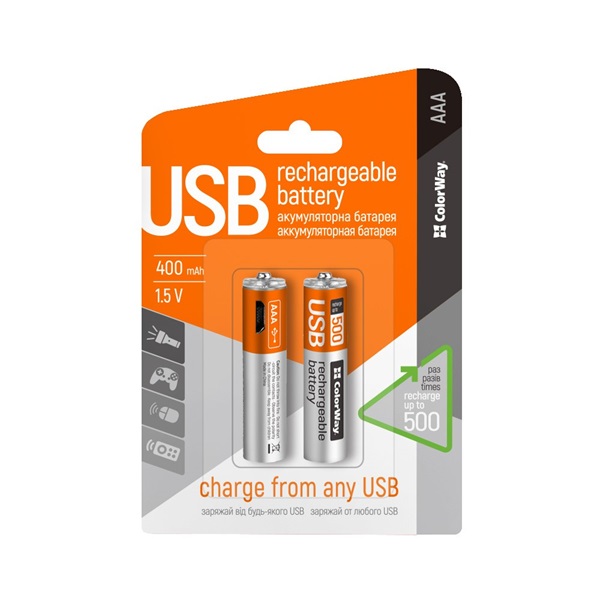 COLORWAY AAA elem, CW-UBAAA-01 Rechargeable Battery micro USB 400 mAh 1.5V (2pcs.)