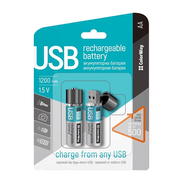 COLORWAY AA újratölthető elem, CW-UBAA-02 Rechargeable Battery USB 1200 mAh 1.5V (2pcs.)