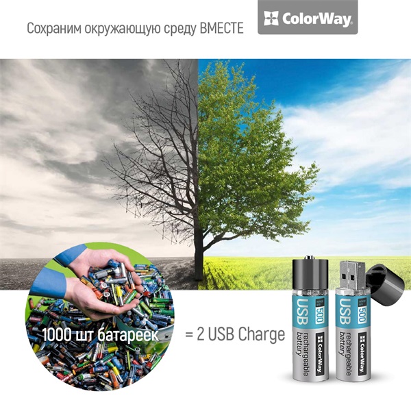 COLORWAY AA újratölthető elem, CW-UBAA-02 Rechargeable Battery USB 1200 mAh 1.5V (2pcs.)