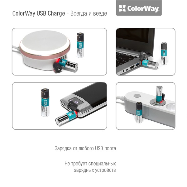 COLORWAY AA újratölthető elem, CW-UBAA-02 Rechargeable Battery USB 1200 mAh 1.5V (2pcs.)