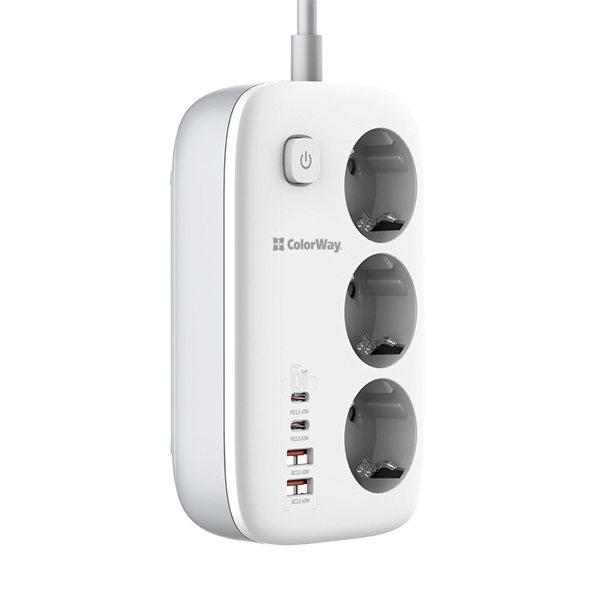 COLORWAY Hálózati elosztó, CW-CHE34PDW, 3 dugalj, 4xUSB (2xUSB-A, 2XTYPE-C) GaN3 Pro PD 2m, 65W, fekete