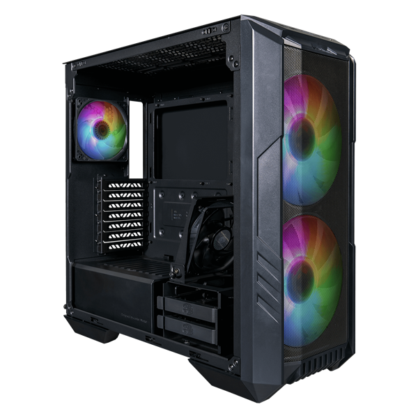 COOLER MASTER Ház Midi ATX HAF 500 ARGB + 4db Ventilátor, Tápegység nélkül, Üvegfalú, fekete