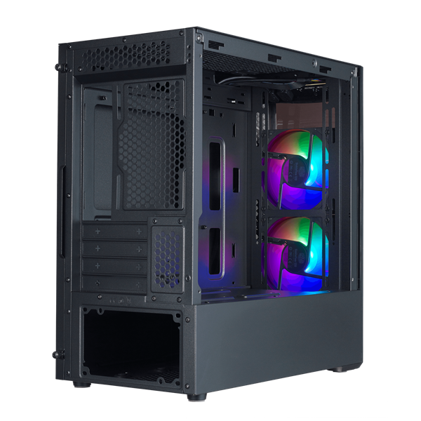 COOLER MASTER Ház Mini Tower ATX MASTERBOX MB320L ARGB + Kontroller,2db Ventilátorral,Tápegység nélkül, Üvegfalú, fekete