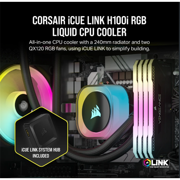 CORSAIR CPU hűtő iCUE LINK H100i RGB AIO (vízhűtés), 2 Ventilátorots, LGA1700 támogatással, fekete