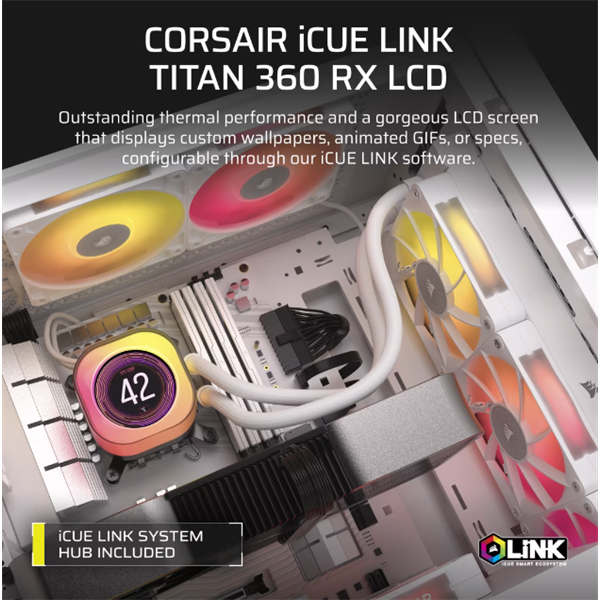 CORSAIR CPU hűtő iCUE LINK TITAN 360 RX LCD (vízhűtés), 3 Ventilátorots, LGA1700 és LGA1851 támogatással, fehér