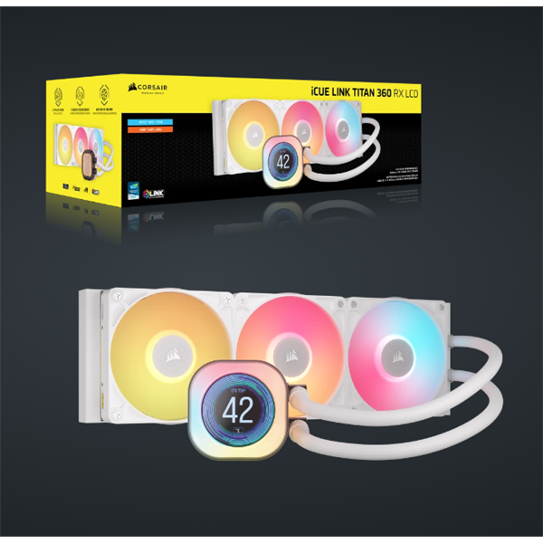 CORSAIR CPU hűtő iCUE LINK TITAN 360 RX LCD (vízhűtés), 3 Ventilátorots, LGA1700 és LGA1851 támogatással, fehér