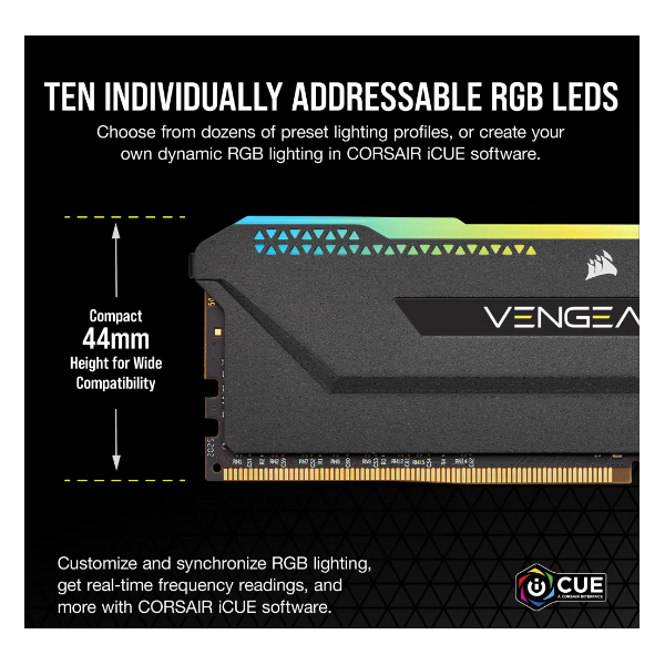 CORSAIR Memória VENGEANCE RGB PRO DDR4 32GB 3600MHz C18 SL (Kit of 2), SPD 2666MHz, fekete
