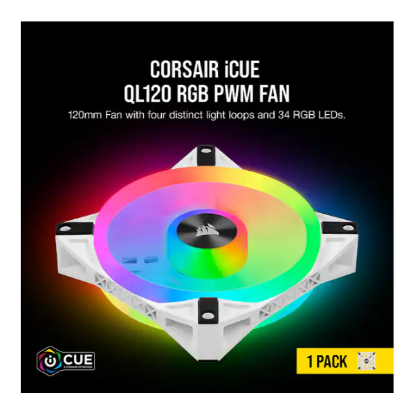 CORSAIR Rendszerhűtő Ventilátor, iCUE QL120 RGB, 12cm, fehér