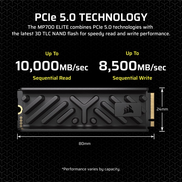 CORSAIR SSD MP700 ELITE M.2 2280 PCIe 5.0 x4 1000GB Hűtőbordával, NVMe