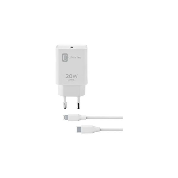 Cellularline Hálózati töltő, 1xUSB-C, 20 W, Lightning-USB-C kábel, fehér