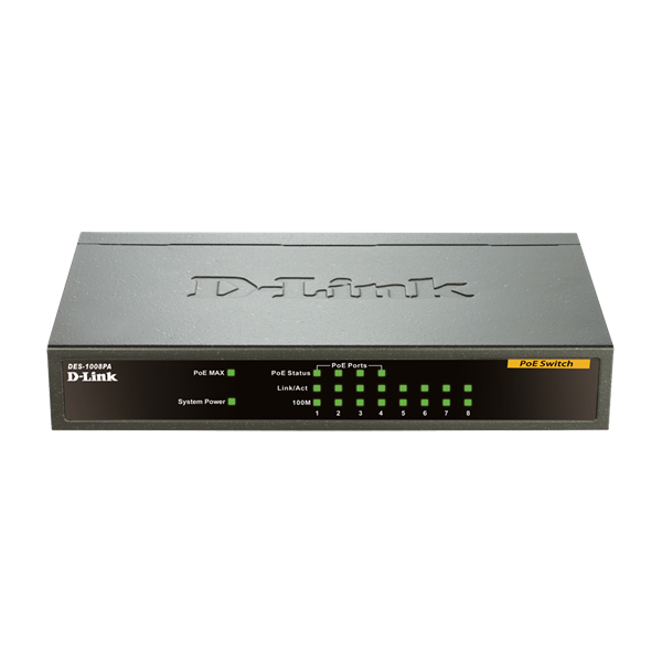 D-Link Switch - DES-1008PA - 8x100Mbps 4 Port POE 52W POE Budget Fémházas Fanless Unmanaged