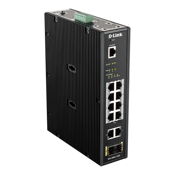 D-Link Ipari Switch 12 Port - 8x1000Mbs PoE + 2x1000Mbs + 2xSFP + 1xRJ45 Console Port - DIS-200G-12PS