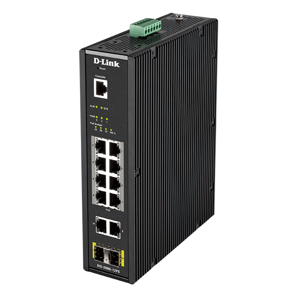 D-LINK Switch Ipari 10x1000Mbps (8xPOE) + 2xSFP + 1x konzol port Menedzselhető Fémházas,DIS-200G-12PS