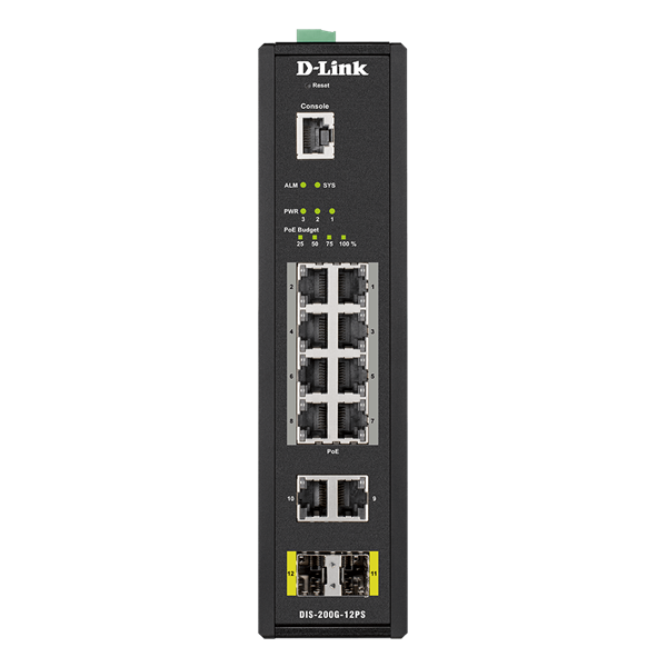 D-LINK Switch Ipari 10x1000Mbps (8xPOE) + 2xSFP + 1x konzol port Menedzselhető Fémházas,DIS-200G-12PS