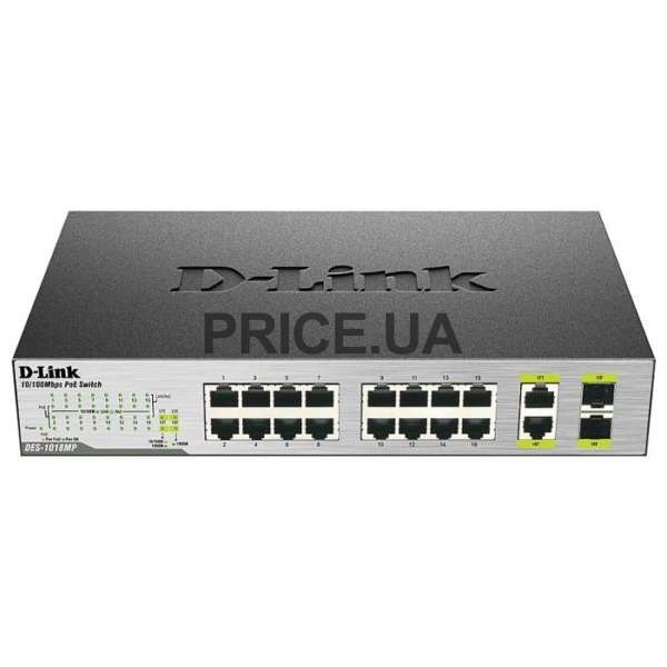 D-Link Switch - DES-1018MP - 16x100Mbps + 2x1000/SFP Combo Uplink Port 16 Port POE 246,4W POE Budget Desktop Fémházas