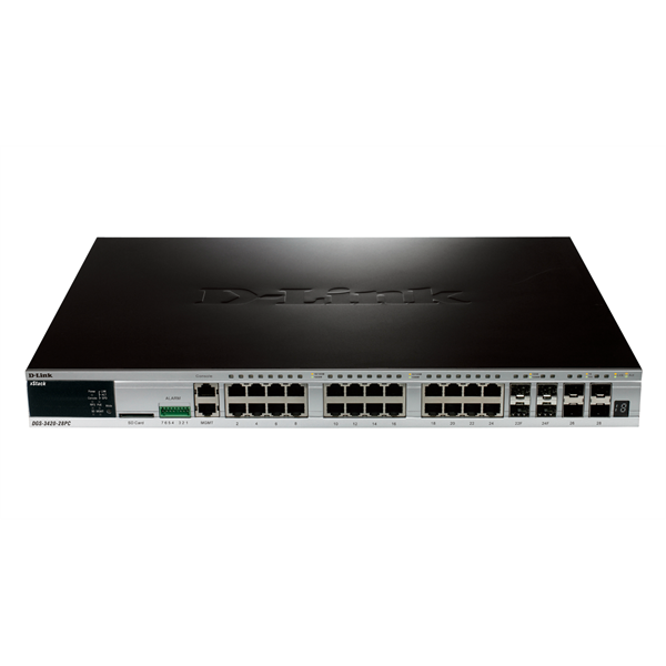 D-Link Switch 20x1000 + 4 x 1000Base-T/SFP combo + 4SFP+ Menedzselt Layer2+ Stack 802.3af/at/24 ports/370W