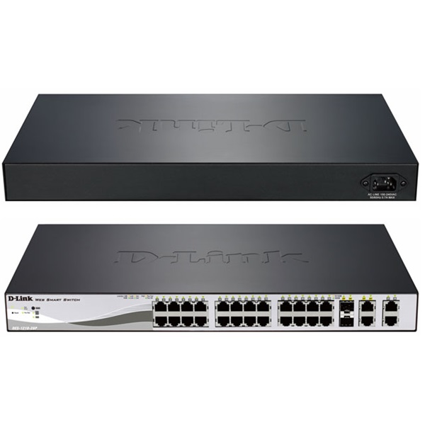 D-LINK Switch 24x100Mbps (24xPOE) + 2xGigabit SFP + 2xGigabit kombó SFP Menedzselhető Rackes, DES-1210-28P