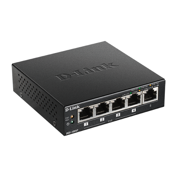 D-LINK Switch 5x1000Mbps (4xPOE+) Fémházas Asztali, DGS-1005P/E